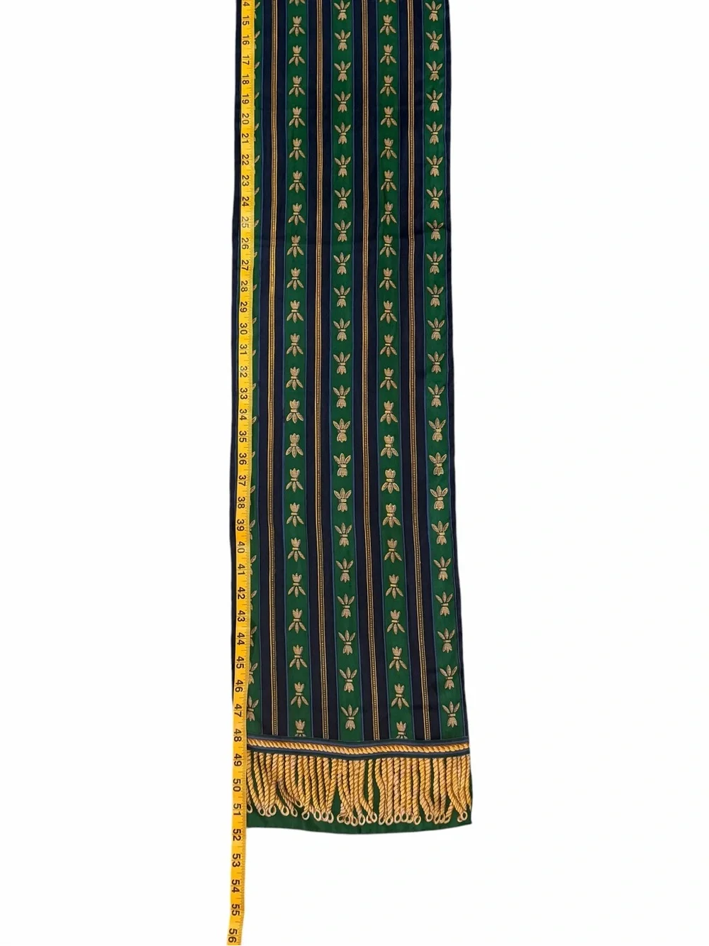 Vintage 100% Silk Scarf Green Navy Striped Gold Metallic Bee Fringe 10
